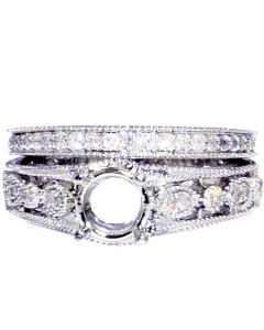 Semi Mount Wedding Ring Set Fits 1ct Round Solitaire 0.6ctw 14K White Gold 