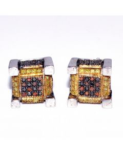 Large Stud Earrings 0.5ct Diamonds Yellow and Brown Diamonds Cube Shaped 9mm Wide