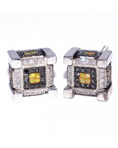 Large Diamond Stud Earrings Cube Shaped 0.25ct Sterling Silver 925 9mm Wide Black Yellow White Diamonds
