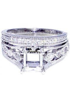 Diamond Semi Mount Wedding Ring Set 14K White Gold 0.6ctw Fits 1ct Princess Cut