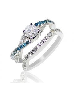 1.25ct w Blue and White Diamond Bridal Rings Set 10K White Gold 0.5ct center