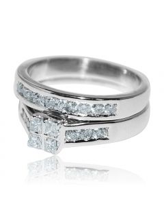 0.9ct w Princess Cut Bridal Set 10K White Gold 8mm Wide Engagement And Band
