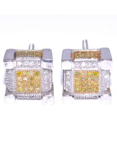 Yellow and White Diamond Stud Earrings 0.49ct Large Cube Shaped 9mm Sterling Silver