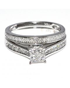 Princess Cut Diamond Bridal Rings Set 14K White Gold 0.56ct w Quad Center with Pave Sides