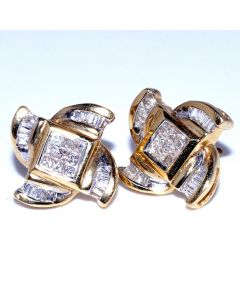 Princess and Baguette Diamond Earrings 14k Yellow Gold 0.52ct 12.2mm wide