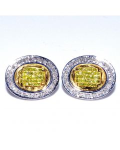 Yellow Diamond Earrings with White Diamonds Princess Cut and Round Large 15kk Wide 1ct Diamonds