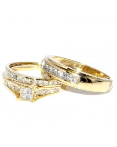 His and Her Rings Trio Set Princess Cut Diamond 0.75ctw 10k Yellow Gold Mens Womens Rings