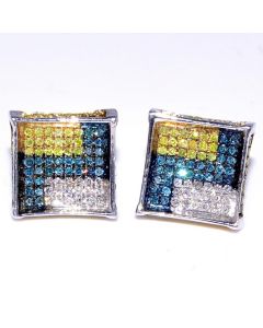 0.33ct Diamond Earrings 9.5mm Wide Blue Diamond Yellow Diamond White Diamond sterling Silver Square Cube