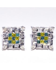 Princess Cut Diamond Earrings Square Studs 0.5ct 14K White Gold Multi color Diamonds Yellow Green White