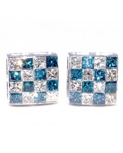 Princess Cut Diamond Earrings Blue and White 14K White Gold 8mm Wide Checkers