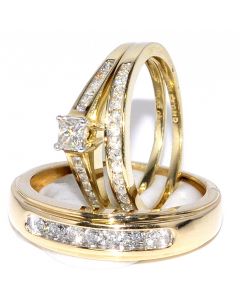 Yellow Gold Bridal Trio Rings Set Princess Cut Diamonds 1ct Gold His and Her Rings