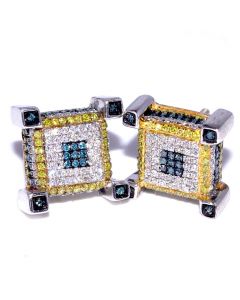 Large Diamond Stud Earrings 10mm Wide Sterling Silver 0.56ct Yellow White Blue Diamonds