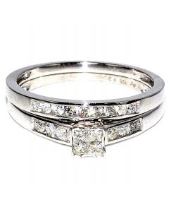 Princess Cut Wedding Set White Gold 1ct Round side diamond 8mm Engagement & band