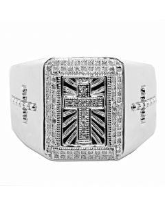 10K White Gold Cross Ring For Men 16mm Wide 0.25ct Diamonds