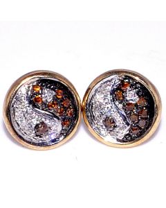 Yin Yang Earrings Cognac and White Diamonds 10K Yellow Gold 0.13ct Screw Back