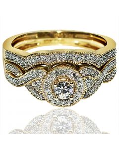 Yellow Gold Wedding Ring set 2 piece round halo 0.4ct sculpture inspired vintage 