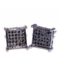 Black Diamond Earrings 0.15ct Sterling Silver Black PVD Finish 7.5mm Wide Screw Backs Princess Cut Style Round Pave