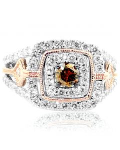 1ct Bridal Wedding Ring 12mm Wide Cognac And White Diamond Vintage Rose White Gold 10K