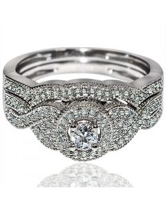 Diamond Wedding Set 2 Piece Round Halo 0.4ct Sculpture Inspired Vintage White gold