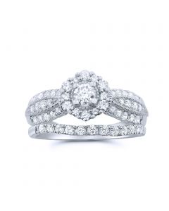 1cttw Diamond Bridal Wedding Rings Set 10K White Gold Round Solitaire Center Halo Style
