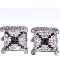 Black and White Diamond Earrings 10mm Wide 10k White Gold 1.15ct Cubes