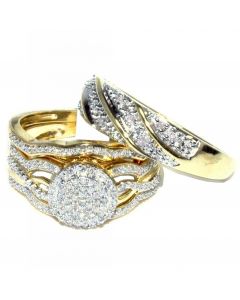 His and Her Trio Rings Set 0.5ct 10K Yellow Gold 17mm Wide Pave set Diamonds