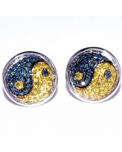 Yin Yang Earrings Yellow and Blue Diamonds Large 10mm 0.25ct 10K White Gold