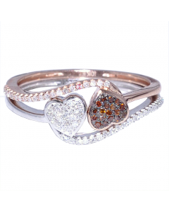Rose and White Gold Heart Ring 0.2ct Cognac and White Diamonds 10K