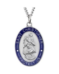 Sterling Silver 26x20mm St. Christopher Medal Necklace with Blue Epoxy