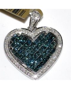 Diamond Heart Pendant Blue and white diamonds Princess cut 2.3ctw 20mm wide White gold