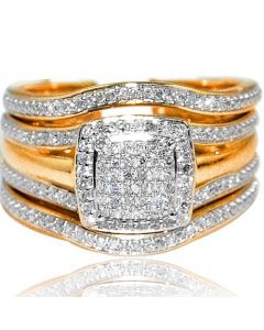 Wedding Ring Set 3 Piece 0.33ct W Square Halo Engagement Ring and 2 Matching Bands
