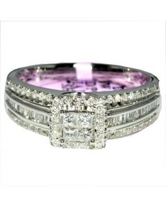 Princess Cut Diamond Engagement Ring 10K White Gold 0.5ct Baguette and Round Side Diamonds