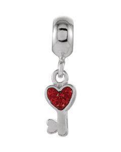 Sterling Silver 5.75x23.5mm Heart Shaped Key with Red Crystals Dangle Bead