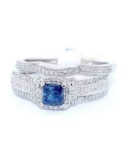 Princess Cut Blue Diamond Bridal Rings Set 10K White Gold 0.9ctw Just Under 1ct 8.5mm Wide