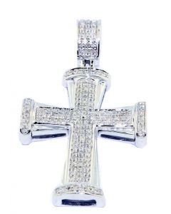 10K White Gold Diamond Cross Pendant 0.32ctw 36mm Tall Pave Set