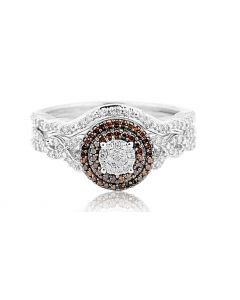 1/3cttw Diamond Halo Bridal Set Cognac and White Diamonds 10K White Gold 2pc