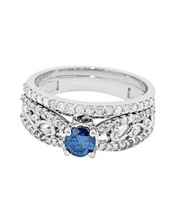 Blue Diamond Bridal Ring set Vintage 10K White Gold 0.8ctw Diamonds 7mm Wide 2pc set