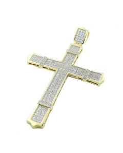 Cross Pendant Large 69mm Yellow Gold Tone Silver Pave Set Mens Cross Charm