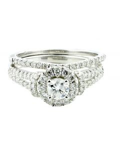 1cttw Diamond Bridal Wedding Ring Halo Style Split Shoulder Engagement + Band Set 10K White Gold