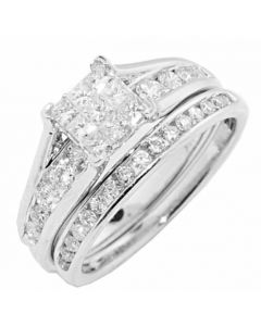 1cttw Princess Cut Diamond Wedding Set Cathedral Style Engagement and Band Set 10K White Gold