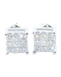 3/4cttw Princess Cut Stud Earrings 9 Diamond  10k White Gold Diamonds Screw Back 7.5MM Wide (0.75ctw