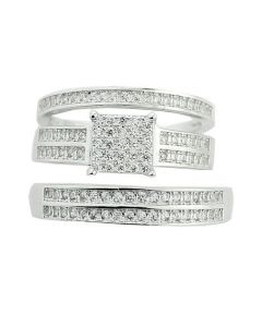 His and Her Trio Rings Set 3pc 1cttw Cubic Zarcons Pave Set Sterling Silver