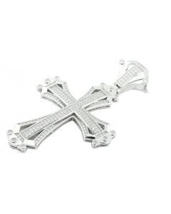Large Silver Cross With CZ Pave Set Fancy Cross Pendant For Men 60mm Tall Silver