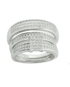 Silver Trio Rings Set 0.5ctw Cubic Zarcons Pave Set 3pc His and Her Rings