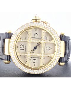 Pre-owned 18K Yellow Gold Cartier De Pasha Watch With Diamond Grill & Bezel