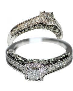 Princess Cut Solitaire Engagement Ring Halo Designer Inspired Filegree Ornate