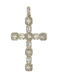 10K Gold 2.5ct w Diamond Cross Pendant Mens Baguette and Round Diamonds 2.4 Inch Tall