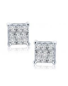 1ctw Diamond Earrings Princess Cut 10K White Gold 8.5mm Wide Screw Back Studs