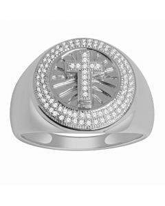 10K White Gold Cross Ring 17mm Wide 0.3ct Diamonds Mens Ring With Cross