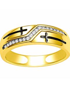 10K Gold Wedding Band With Cross Mens Ring 6.5mm Wide 0.13ct Diamonds